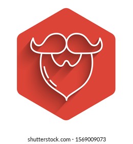 White line Mustache and beard icon isolated with long shadow. Barbershop symbol. Facial hair style. Red hexagon button. Vector Illustration