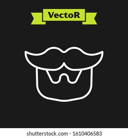 White line Mustache and beard icon isolated on black background. Barbershop symbol. Facial hair style.  Vector Illustration