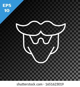 White line Mustache and beard icon isolated on transparent dark background. Barbershop symbol. Facial hair style.  Vector Illustration