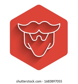 White line Mustache and beard icon isolated with long shadow. Barbershop symbol. Facial hair style. Red hexagon button. Vector Illustration