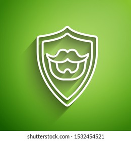 White line Mustache and beard on shield icon isolated on green background. Barbershop symbol. Facial hair style.  Vector Illustration