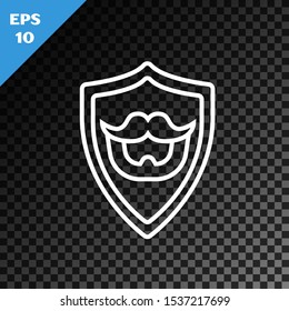 White line Mustache and beard on shield icon isolated on transparent dark background. Barbershop symbol. Facial hair style.  Vector Illustration