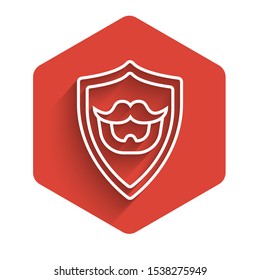 White line Mustache and beard on shield icon isolated with long shadow. Barbershop symbol. Facial hair style. Red hexagon button. Vector Illustration