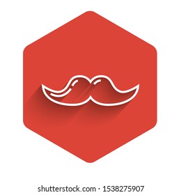 White line Mustache icon isolated with long shadow. Barbershop symbol. Facial hair style. Red hexagon button. Vector Illustration