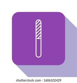 White line Nail file icon isolated on white background. Manicure tool. Purple square button. Vector Illustration