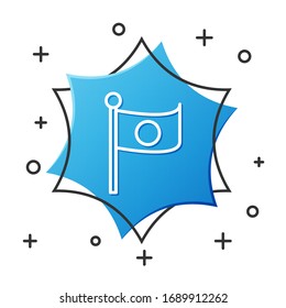 White line National flag of Japan on pole icon isolated on white background. Metal flagpole. Blue hexagon button. Vector Illustration