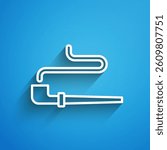 White line Native American indian smoking pipe icon isolated on blue background. Long shadow. Vector