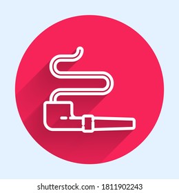 White line Native American indian smoking pipe icon isolated with long shadow. Red circle button. Vector