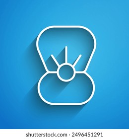 White line Natural open shell with pearl icon isolated on blue background. Scallop sea shell. Seashell sign. Long shadow. Vector