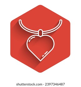White line Necklace with heart shaped pendant icon isolated with long shadow. Jewellery decoration. International Happy Women Day. Red hexagon button. Vector Illustration