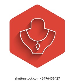 White line Necklace on mannequin icon isolated with long shadow. Red hexagon button. Vector