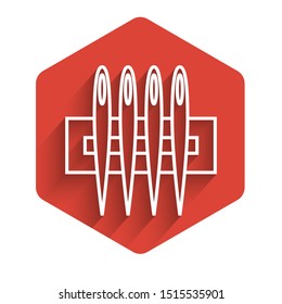 White line Needle for sewing icon isolated with long shadow. Tailor symbol. Textile sew up craft sign. Embroidery tool. Red hexagon button. Vector Illustration