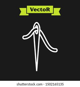 White line Needle for sewing with thread icon isolated on black background. Tailor symbol. Textile sew up craft sign. Embroidery tool.  Vector Illustration