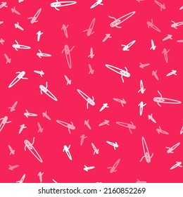 White line Needle for sewing with thread icon isolated seamless pattern on red background. Tailor symbol. Textile sew up craft sign. Embroidery tool.  Vector
