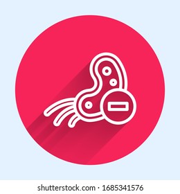 White line Negative virus icon isolated with long shadow. Corona virus 2019-nCoV. Bacteria and germs, cell cancer, microbe, fungi. Red circle button. Vector Illustration