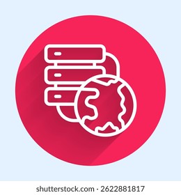 Icono de conexión a la nube de red aislado con fondo de sombra largo. Tecnología social. Concepto de computación en la nube. Botón del círculo rojo. Vector