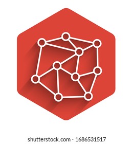 White line Neural network icon isolated with long shadow. Artificial Intelligence. Red hexagon button. Vector Illustration