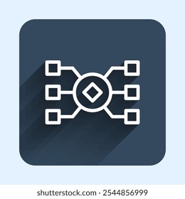 Línea blanca Icono de red neuronal aislado con fondo de sombra larga. Inteligencia artificial. Botón cuadrado azul. Vector