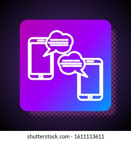 White line New chat messages notification on phone icon isolated on black background. Smartphone chatting sms messages speech bubbles. Square color button. Vector Illustration
