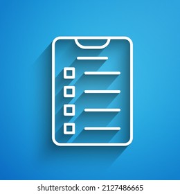 White line New year goals list and plans icon isolated on blue background. Merry Christmas and Happy New Year. Long shadow. Vector