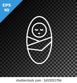 White line Newborn baby infant swaddled or swaddling icon isolated on transparent dark background. Baby kid child wrapped in blanket clothes.  Vector Illustration