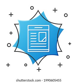 White line Newspaper advertisement displaying obituaries icon isolated on white background. Blue hexagon button. Vector
