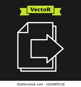 White line Next page arrow icon isolated on black background. Document file with arrow. Send document.  Vector Illustration