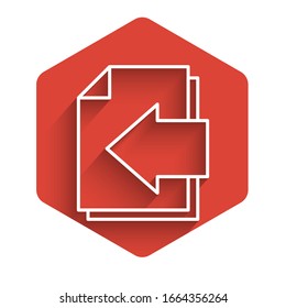 White line Next page arrow icon isolated with long shadow. Document file with arrow. Send document. Red hexagon button. Vector Illustration