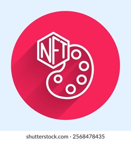 White line NFT Digital crypto art icon isolated with long shadow background. Non fungible token. Red circle button. Vector