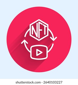 White line NFT Digital crypto art icon isolated with long shadow background. Non fungible token. Red circle button. Vector