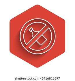 White line No alcohol icon isolated with long shadow background. Prohibiting alcohol beverages. Forbidden symbol with beer bottle glass. Red hexagon button. Vector