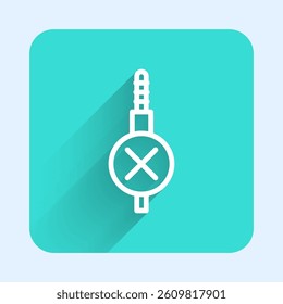 White line No audio jack icon isolated with long shadow background. Audio cable for connection sound equipment. Plug wire. Musical instrument. Green square button. Vector