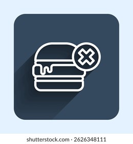 White line No burger icon isolated with long shadow background. Hamburger icon. Cheeseburger sandwich sign. Fast food menu. Blue square button. Vector