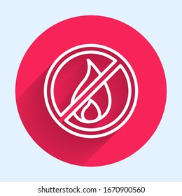 White line No fire icon isolated with long shadow. Fire prohibition and forbidden. Red circle button. Vector Illustration