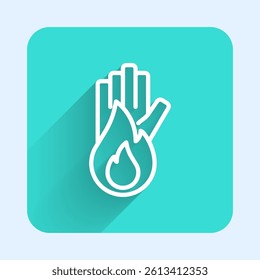 White line No fire icon isolated with long shadow. Fire prohibition and forbidden. Green square button. Vector