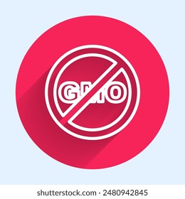 White line No GMO icon isolated White line background. Genetically modified organism acronym. Dna food modification. Red circle button. Vector