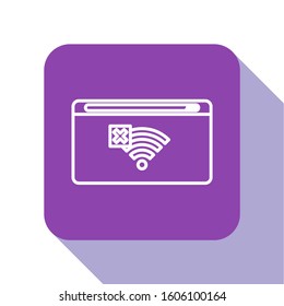 White line No Internet connection icon isolated on white background. No wireless wifi or sign for remote internet access. Purple square button. Vector Illustration