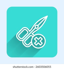 White line No scissors icon isolated with long shadow background. Green square button. Vector