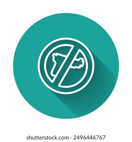 Línea blanca No hay icono de guerra aislado con fondo de sombra largo. El símbolo de la paz. Botón de círculo verde. Vector