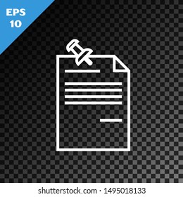 White line Note paper with pinned pushbutton icon isolated on transparent dark background. Memo paper sign.  Vector Illustration
