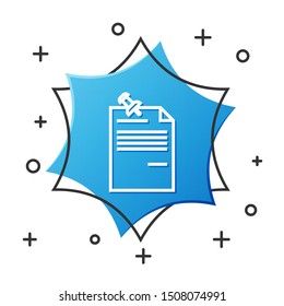 White line Note paper with pinned pushbutton icon isolated on white background. Memo paper sign. Blue hexagon button. Vector Illustration