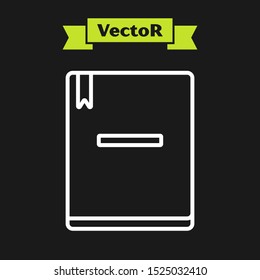 White line Notebook icon isolated on black background. Spiral notepad icon. School notebook. Writing pad. Diary for school.  Vector Illustration