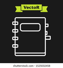 White line Notebook icon isolated on black background. Spiral notepad icon. School notebook. Writing pad. Diary for school.  Vector Illustration