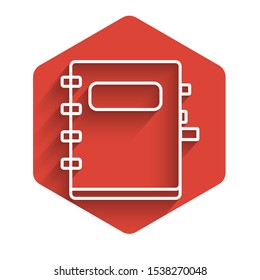 White line Notebook icon isolated with long shadow. Spiral notepad icon. School notebook. Writing pad. Diary for school. Red hexagon button. Vector Illustration