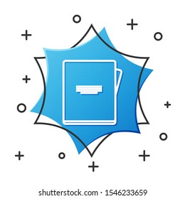 White line Notebook icon isolated on white background. Spiral notepad icon. School notebook. Writing pad. Diary for school. Blue hexagon button. Vector Illustration
