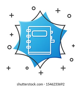 White line Notebook icon isolated on white background. Spiral notepad icon. School notebook. Writing pad. Diary for school. Blue hexagon button. Vector Illustration