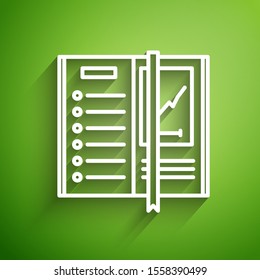 White line Notebook icon isolated on green background. Spiral notepad icon. Writing pad. Diary for business. Notebook cover design.  Vector Illustration