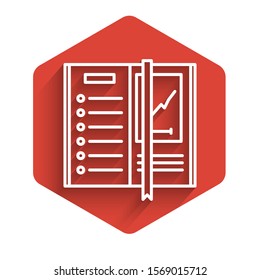 White line Notebook icon isolated with long shadow. Spiral notepad icon. Writing pad. Diary for business. Notebook cover design. Red hexagon button. Vector Illustration
