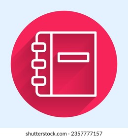 White line Notebook icon isolated with long shadow background. Spiral notepad icon. School notebook. Writing pad. Diary for school. Red circle button. Vector