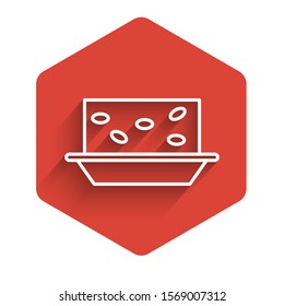 White line Nougat with nuts icon isolated with long shadow. Red hexagon button. Vector Illustration